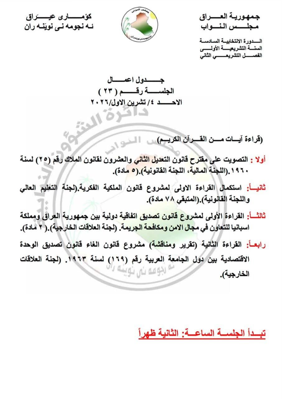 البرلمان ينشر جدول أعمال جلسة الأحد المقبل